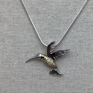 Beautiful Hummingbird Pendant Necklace Sterling Gold and Diamonds